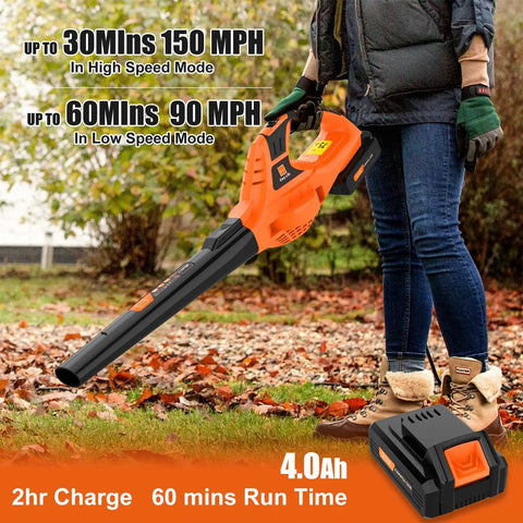 Person using 21V Cordless Leaf Blower With 4.0Ah Battery And Fast Charger Ultra Lightweight Handheld Electric Blower With Turbo Power Adjustable Speeds Portable For Lawn Patio Yard And Sidewalk Cleaning in autumn leaves.