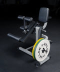 Leg Extension And Leg Curl Machine For Home Gym Adjustable with weights, steel frame, and padded seat in gym setting.