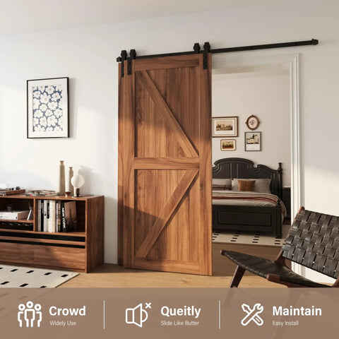 6.6 Foot Single Track Bypass Barn Door Hardware Kit installed on wood double door in living room