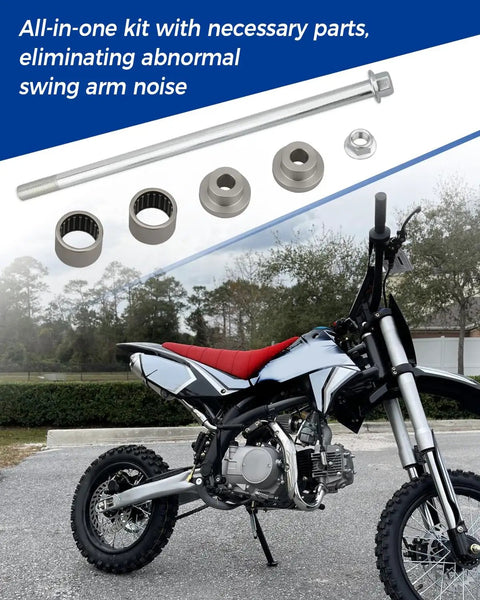 Beefed Up Stainless Steel Swing Arm Bolt Bushing Kit For Dirt Bikes 110cc 125cc Fits X4 X5 X6 DBX Series Rear Axle Bearings Upgrade For Smoother Off Road Suspension And Grippy Traction. silver bolt, bushings and bearings for dirt bike swing arm