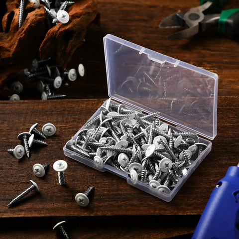 120 Piece Size Eight White Wood Screws Set For Self Tapping And Wall Plates With Pan Head Truss Screws in clear plastic box