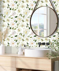 Peony Floral Wallpaper For Bedroom And Nursery, Vintage Watercolor Peel And Stick Mural in a bright bathroom setting.