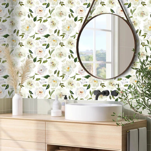Peony Floral Wallpaper For Bedroom And Nursery, Vintage Watercolor Peel And Stick Mural in a bright bathroom setting.
