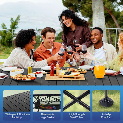 Friends enjoying drinks at a Portable Adjustable Aluminum Camping Table With Built In Storage For Grill BBQ Travel Picnic Beach And Backyard Use Lightweight Outdoor Table Supports Up To 110 Lbs And Folds Flat For Easy Carry, featuring waterproof tabletop, storage basket and sturdy steel tubes.
