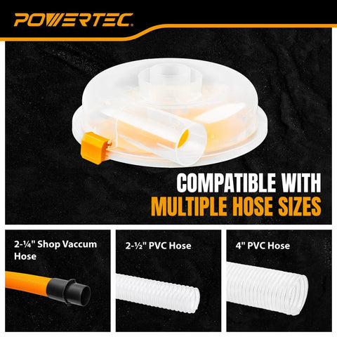 Low Profile Cyclone Dust Separator Kit for Shop Vac and Dust Collectors with multiple hose size compatibility, various hose types shown