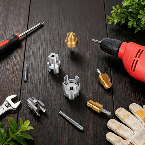 Cuthollow Comprehensive Pipe Threading Tool Set With Three Reamer Drill Bits And Matching Threaders For PVC Plumbing Repair, layout on wood.
