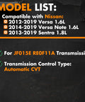 Nissan CVT Transmission Filter And Oil Pan Gasket Kit compatibility list with model years and transmission type details.