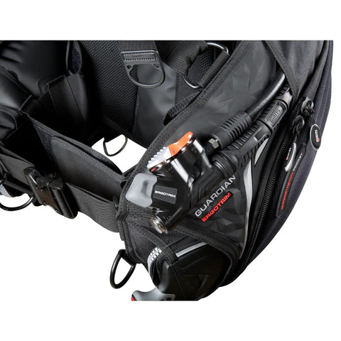 Close-up of Guardian ErgoTrim Scuba BCD With SLS Weight System, showing inflation control and durable material.