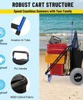 Beach Wagon Cart With 13 Inch Balloon Wheels, 165 Pound Load, Folding Sand Cart Loaded with Beach Gear on Sandy Shore