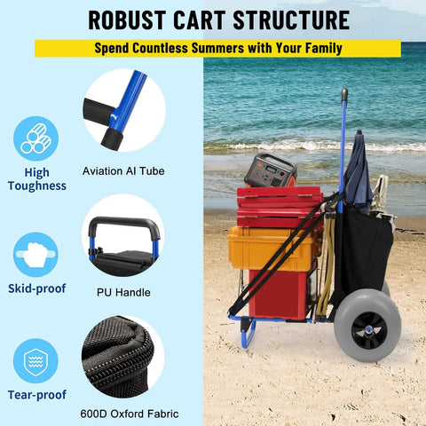 Beach Wagon Cart With 13 Inch Balloon Wheels, 165 Pound Load, Folding Sand Cart Loaded with Beach Gear on Sandy Shore