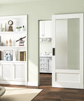 36 by 84 Inch Concealed Sliding Barn Door Featuring Frosted Glass Panels and Hidden Hardware to Keep Your Walls Dang Clean in modern home setting.