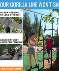 Kid Ninja Warrior Obstacle Course Set With 2 X 60 Foot Slacklines in backyard with child climbing and adult assisting, 880 lbs limit.