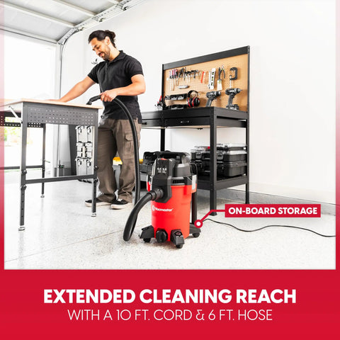 Compact 4 Gallon Wet Dry Shop Vac With 3.5 Peak Hp Motor And Kickin Suction For Garage Cleanups Lightweight Design features 10 ft cord and 6 ft hose.