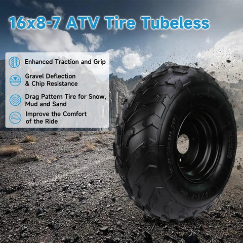 Go Kart Tire With Rim 16x8-7 Replacement For Coolster 110cc 125cc 150cc ATVs All Terrain Wheel displayed on rocky terrain