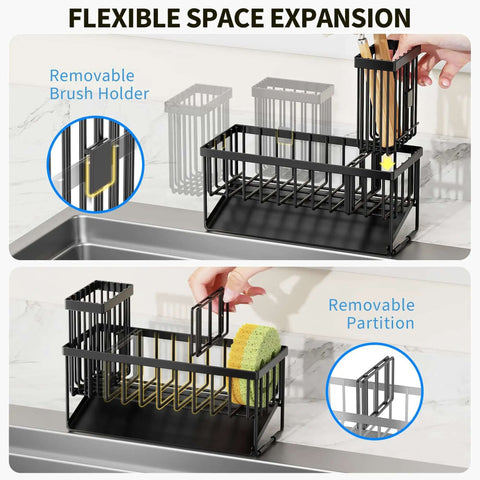 Sink Caddy With Brush Holder And Self Drain Tray Rustproof Stainless Steel Organizer for sponges, soaps, and dish brushes on counter.