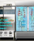 Heavy Duty Badass 54 Inch Commercial Refrigerator With Two Glass Doors and 49 Cubic Feet Capacity showcasing 360° cold circulation system.