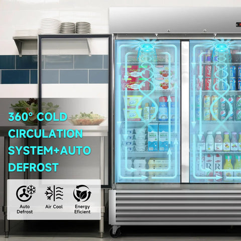 Heavy Duty Badass 54 Inch Commercial Refrigerator With Two Glass Doors and 49 Cubic Feet Capacity showcasing 360° cold circulation system.