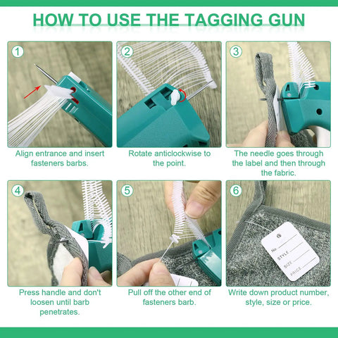 Step-by-step guide on using Massive 1112 Piece Garment Tag Attacher Kit With 2 Tagging Guns, showing fastening process on fabric.