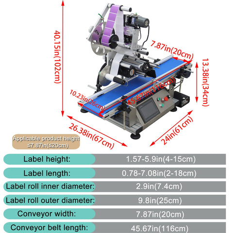 Automatic Flat Labeling Machine With High Speed Printer Desktop Conveyor Labeler Touchscreen Control 110V dimensions and features.