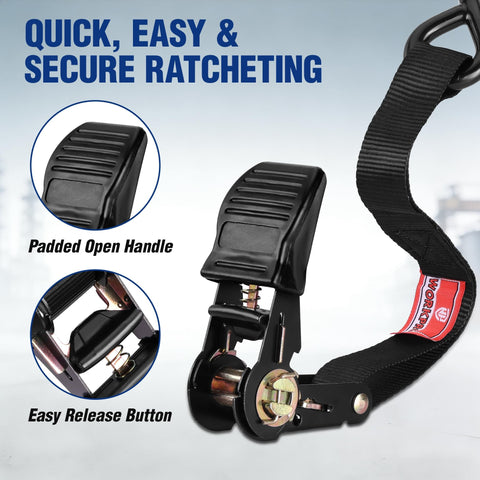 Beefy Heavy Duty Ratchet Straps 1 Inch By 15 Feet, 1650 Lbs Break Strength, 4 Pack With Soft Loops, Easy Release Button