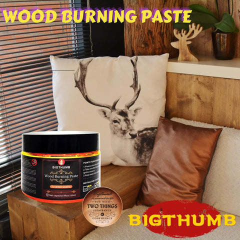 Wood Burning Gel Kit 4 Oz For Easy DIY Pyrography With Heat Activated Non Toxic Paste Includes seen on a shelf with cushions