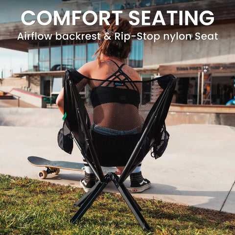 Ultra Lightweight Backpack Chair With 5 Second Folding shown with airflow backrest and nylon seat, outdoor comfort seating.