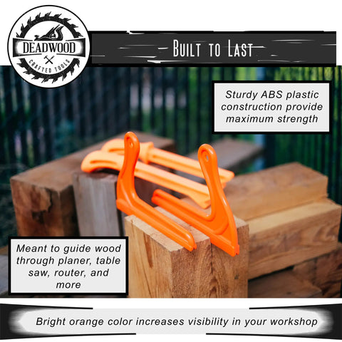 4 Pack Safety Push Sticks Set For Table Saw And Jointer, V Style Push Blocks on wooden surface, bright orange, ABS plastic