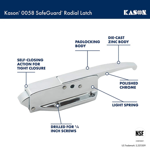 Safeguard Radial Latch With Light Spring For Smooth Self Closing Door Closure Easy Peasy Tight Seal Minimal Pressure Inside Or Outside With Inside Release Handle Foam Door Compatible Economical shown with annotations