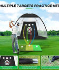 Golfer using 10x7 Foot Golf Practice Net With Mat Backyard Driving And Chipping Training Net Heavy Duty Hitting Cage outdoors