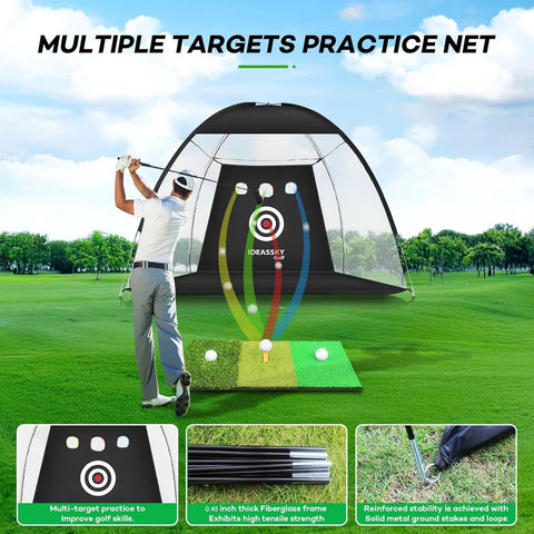 Golfer using 10x7 Foot Golf Practice Net With Mat Backyard Driving And Chipping Training Net Heavy Duty Hitting Cage outdoors