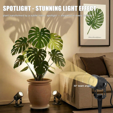 LED Spotlight For Plants And Indoor Outdoor Accent Lighting, Low Voltage 12V Warm White Up Down Spot Lights illuminating potted plant