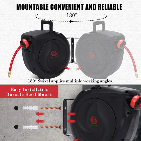 Heavy-Duty Retractable Air Hose Reel 50Ft 3/8 Inch Polymer Line with 180° swivel wall mount for easy installation.