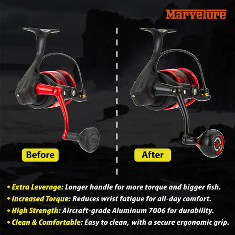 Comparison of Foldable Power Handle For Penn Fierce III IV Battle III HS showing before and after upgrade on reels.