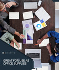 Office meeting with charts and 5x8 Legal Pads For Work And School, 80 GSM Paper, College Ruled Notepads, 30 Sheets Each, 6 Pack.