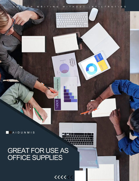 Office meeting with charts and 5x8 Legal Pads For Work And School, 80 GSM Paper, College Ruled Notepads, 30 Sheets Each, 6 Pack.