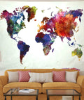 Colorful watercolor world map tapestry for home and classroom, durable polyester, wall hanging art above living room sofa, three sizes.
