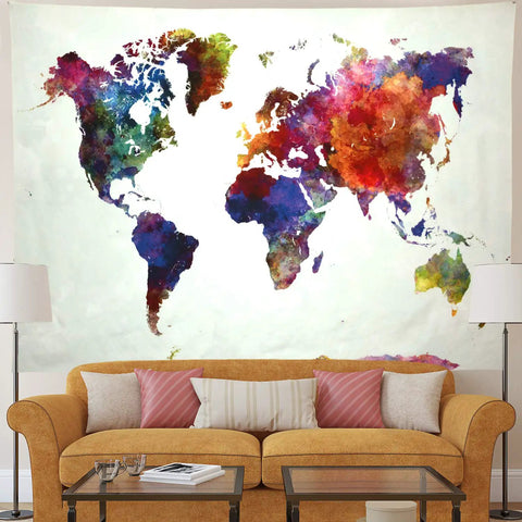 Colorful watercolor world map tapestry for home and classroom, durable polyester, wall hanging art above living room sofa, three sizes.