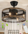 Caged Farmhouse Ceiling Fan With Lights Remote Control Bladeless Enclosed Fandelier 18 Inch Black in cozy rustic room