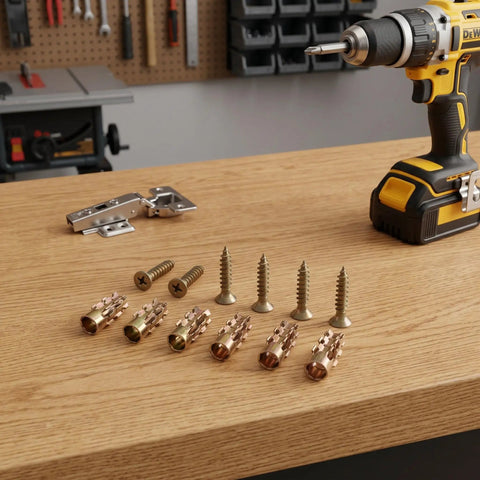 Cabinet Hinge Repair Kit For Kitchen Cupboards 50 Sets With 6x14mm Stripped Thread Screws And Expansion Anchors, drill and hardware