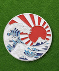 Ukiyoe Wave Golf Ball Marker With Magnetic Hat Clip Made From Zinc Alloy Durable Accessory For Golfers Dope Gift For Fans Of Japanese Art And The Great Wave Theme On The Green, featuring a red sun design and Japanese wave art.
