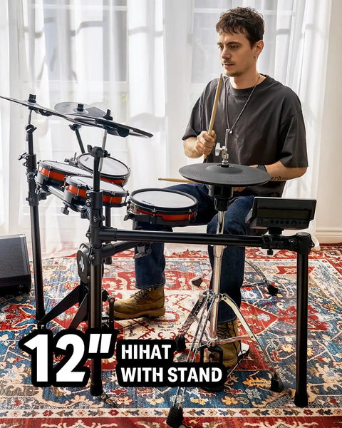 Person playing Electric Drum Set DED 200 Pro Electronic Kit with Standalone 12 Inch Hi Hat on colorful rug