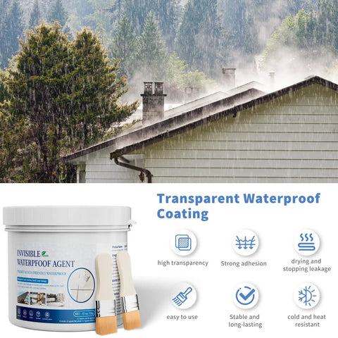 Invisible Waterproof Sealant Adhesive For Roofs And Walls No Drip Repair Coating 35 Oz Bottle with brushes beside a house roof in rain