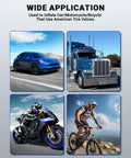 Image showing applications of the 12 Inch Tire Inflator Extension Hose with Clip On Air Chuck Adapter on a car, truck, motorcycle, and bicycle.
