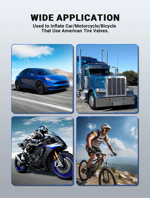 Image showing applications of the 12 Inch Tire Inflator Extension Hose with Clip On Air Chuck Adapter on a car, truck, motorcycle, and bicycle.