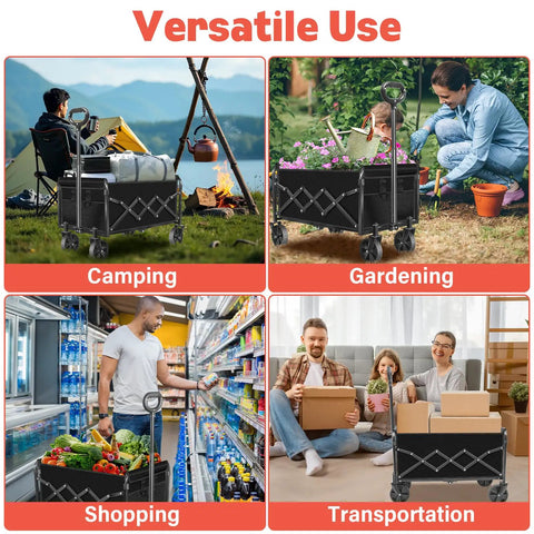 Foldable Wagon Cart With 360 Lb Capacity, Collapsible Wagon On Wheels shown in camping, gardening, shopping, and transportation use
