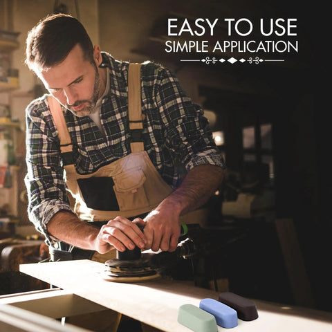 Man using sander with Six Piece Polishing And Buffing Compound Kit With 1 Oz Each For Metal Wood And Auto Surfaces nearby