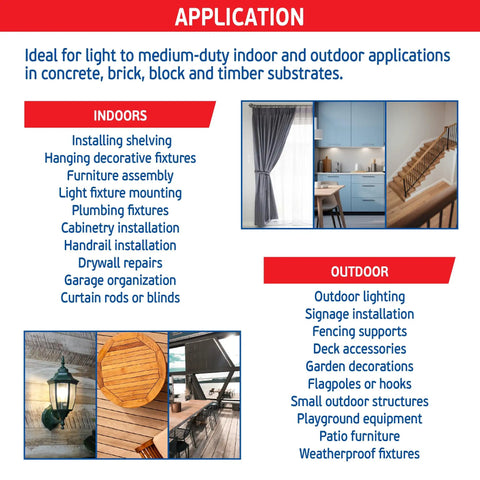 Application guide showing indoor and outdoor uses for blue concrete screw kit with 240 piece set for concrete masonry wood and brick.