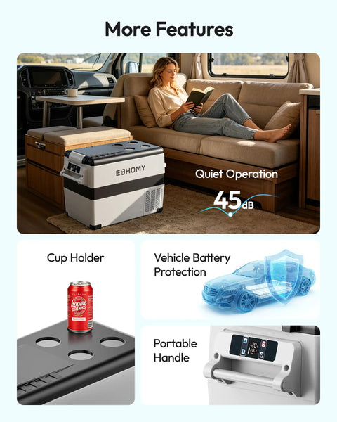 Solid Forty Eight Quart 12 Volt Compressor Portable Fridge And Freezer For Your Ride in RV with cup holder and quiet operation features.
