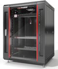 Front view of 15U Wall Mount Server Rack Cabinet with 24-inch depth, built-in fan, and two shelves for IT gear and cable management.