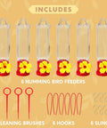 Set Of 6 Mini Hummingbird Feeders With Hanging Wires, Transparent Outdoor Hummingbird Feeder Set With Flower Shaped Sipping Outlet, Includes 3 Cleaning Brushes For Easy Cleaning On Patio, Lawn, Garden And Backyard, displayed with accessories.